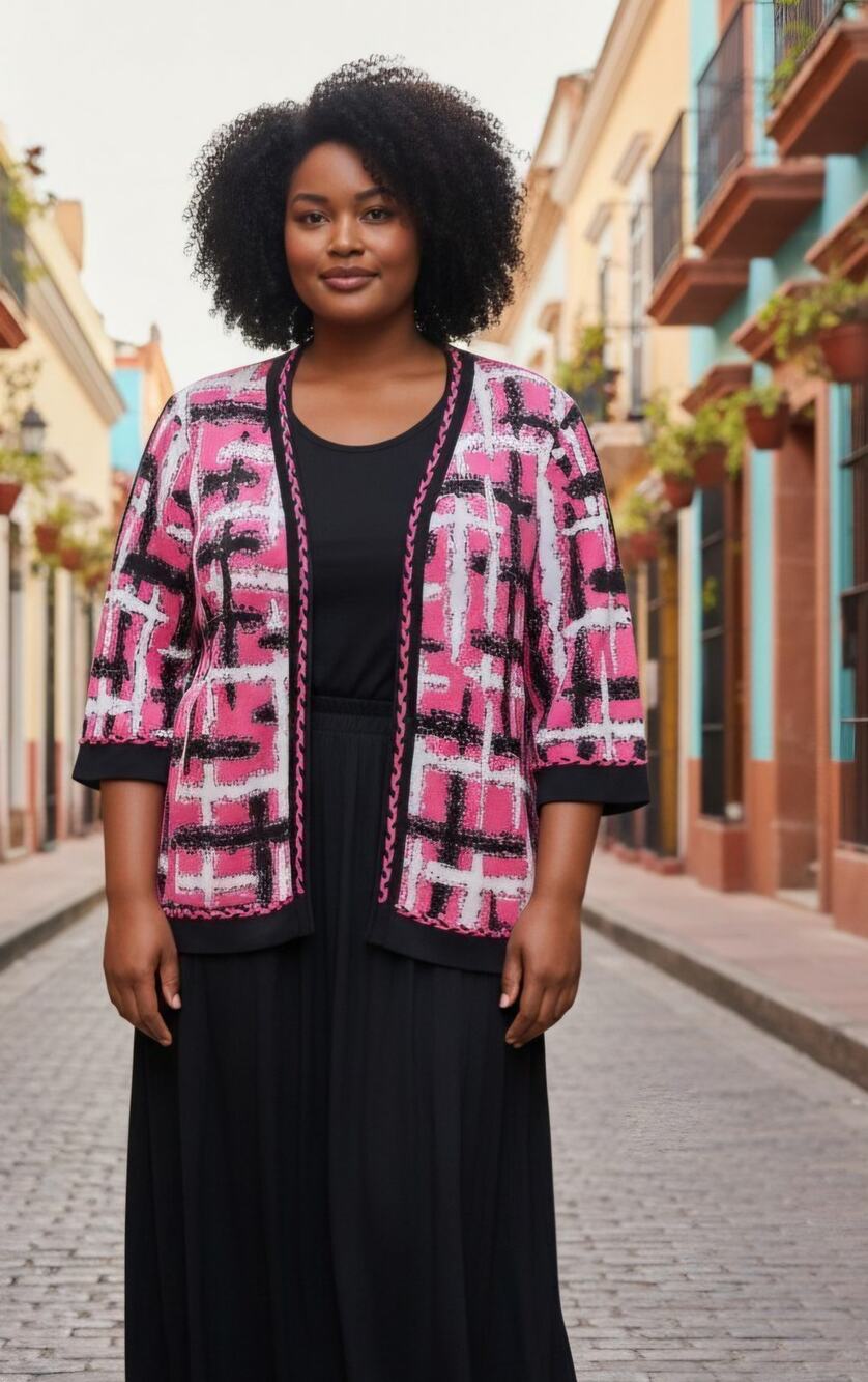 Ming Wang bright pink black white open sweater cardigan blazer sz 1X abstract